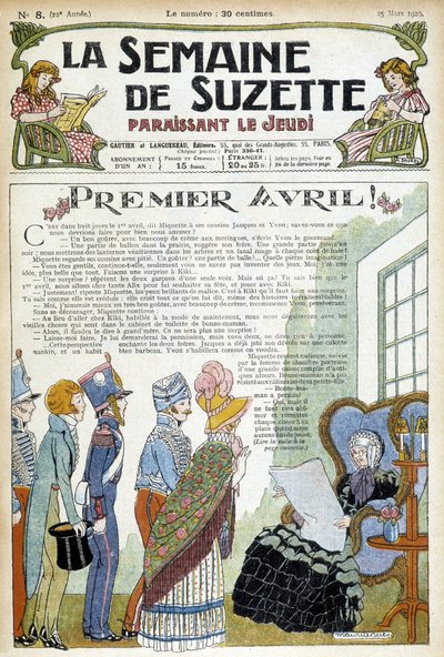 Des jeunes rendent visite à une dame âgée. Illustration de couverture du journal "La semaine de Suzette" de mars 1926. - Unknown Artist