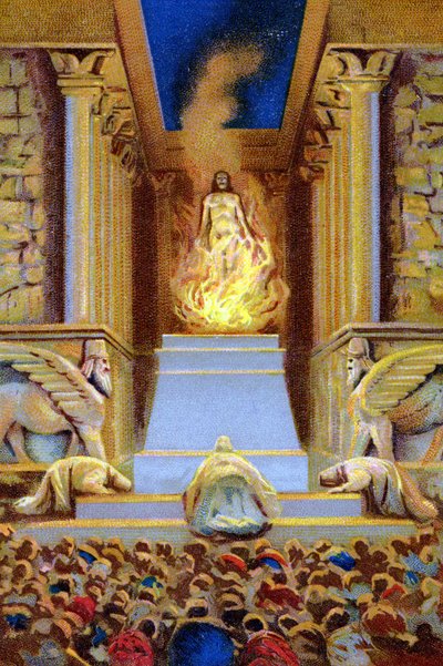 Zarathoustra (Zarathoustra, Zarathushtra, Zarathustra ou Zoroastre) mourant dans le temple entouré de flammes. Chromolithographie du 19ème siècle. - Unknown artist