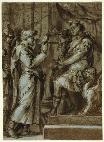 Magicien faisant une prédiction à un empereur (recto) ; Nu masculin portant une charge (verso) - Unknown Italian