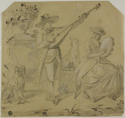 Homme jouant du luth et femme jouant du tambourin - Unknown Italian