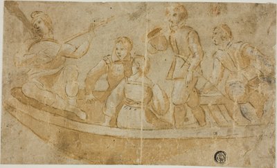Trois hommes, une femme et un joueur de luth dans un bateau - Unknown Italian