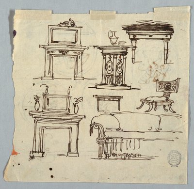 Dessin, pièces de cheminée, meubles et médaillon de plafond, 1790-1810 - Unknown artistUnknown artist