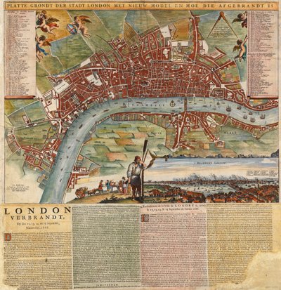 Carte néerlandaise montrant les zones dévastées par le Grand Incendie de Londres - Unknown artist