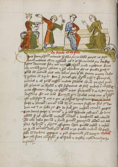 Un homme debout devant une femme couronnée et deux femmes en conversation - Unknown artist