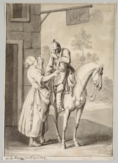Un soldat en armure devant une taverne - Unknown artist