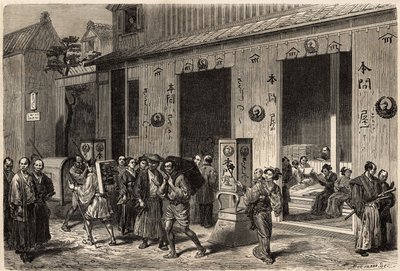Une librairie, avec des piles de livres et des lecteurs, à Yedo (ou Edo, l