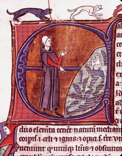 Un moine devant un étang, une sirène représentée parmi les poissons - Unknown artist