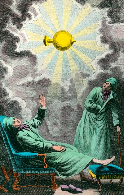 Un paralytique tend la main vers une source de lumière électrique qui peut lui redonner des forces. Frontispice tiré de « La guerre de la paralysie par l