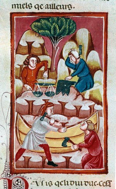 Un commerçant utilisant une balance, un forgeron frappant sur une enclume, deux ouvriers travaillant sur un bateau dans un chantier naval. Miniature tirée des "Faits des Romains" 13ème siècle Venise, bibliothèque Marciana - Unknown artist