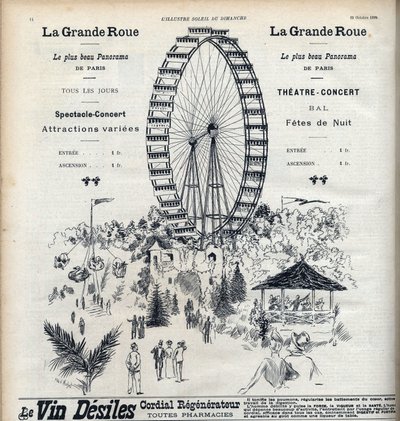 Publicité pour la Grande Roue à Paris offrant le plus beau panorama de la ville pour 1 franc. Gravure dans « Le soleil-du-dimanche » - Unknown artist