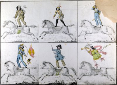 Acrobaties : exercices acrobatiques à cheval. Gravure - Unknown artist