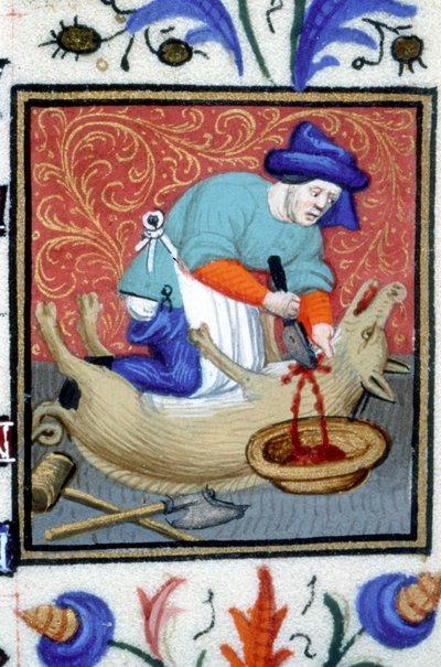 Représentation allégorique de décembre. Un boucher tue un cochon. Miniature d