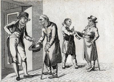 Amone. Mendiants tendant des chapeaux pour recevoir des pièces. Gravure fin XVIIIe siècle. Collection privée. - Unknown artist