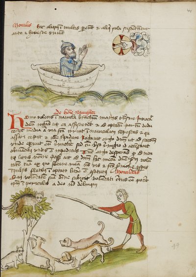 Un homme âgé en prière dans un bateau ; un chat dans un arbre sous lequel se trouve un renard - Unknown artist