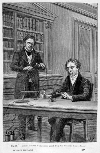 André Marie Ampère cherchant à comprendre lorsque François Arago sortit deux clés de sa poche - dans « Physique populaire » par Emile Desbeaux - Unknown artist