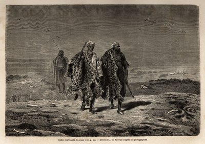 Bédouins arabes, marchands de peaux de panthère et de laine de mouton, en route vers le marché de Bagdad (Irak). Gravure pour illustrer le voyage en Babylonie, en 1866, par Guillaume Lejean, dans « Le tour du monde, nouveau journal des voyages » publié sou - Unknown artist