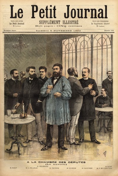 À la barre de la Chambre des députés, avec de gauche à droite : Émile Basly (1835-1928), député de Paris, du mouvement syndical des mineurs, Camille Pelletan (1846-1915) journaliste écrivain et député des Bouches-du-Rhône, Alexandre Millerand (1859-1 - Unknown artist