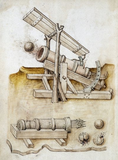 Canon à balles et canon à flèches - Manuscrit : feuille de parchemin d