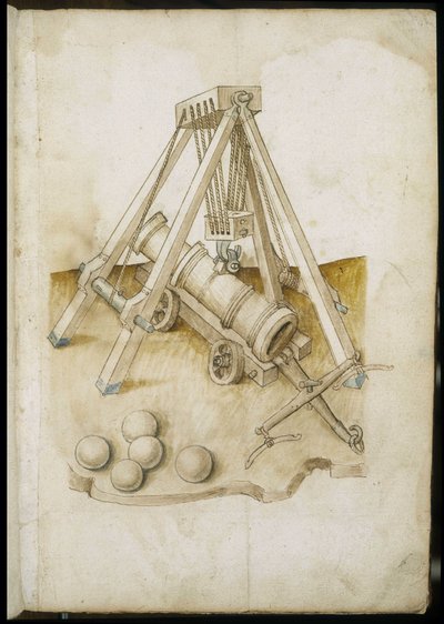 Canon à balles et élévateur - Manuscrit : feuille de parchemin d