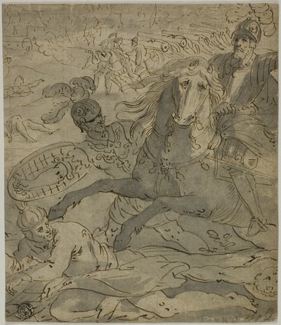 Scène de bataille avec général en charge à cheval au premier plan, artillerie et canons en arrière-plan - Unknown artist