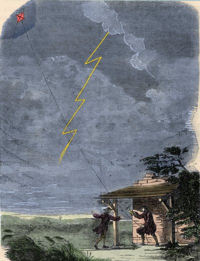 Benjamin Franklin, philosophe, physicien et ambassadeur américain, expérimentant son paratonnerre monté sur un cerf-volant. Septembre 1752. - Unknown artist