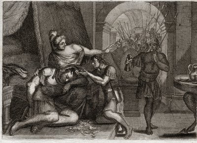 Bible de Royaumont, Ancien Testament : Mort de Samson. Samson révèle à Dalila que sa force réside dans ses cheveux. Elle les coupe et fait entrer les soldats philistins dans la chambre. Illustration de 1811. - Unknown artist