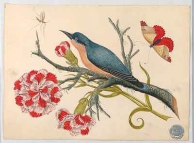 Oiseau bleu sur une branche avec des œillets et des insectes - Unknown artist