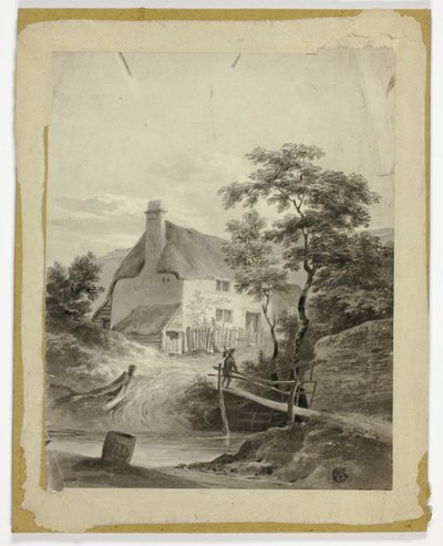 Garçon sur un pont devant un cottage - Unknown artist
