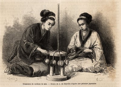 Tresseurs de cordons de soie, dans leur atelier à Yedo (ou Edo, aujourd