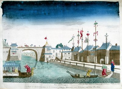 Pont de Cochinchine et bateaux distingués quittant les pavillons. Gravure de la fin du XVIIIe siècle - Unknown artist