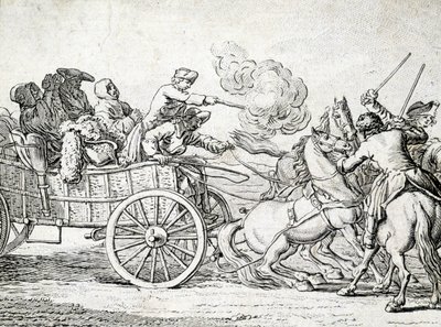 Brigands attaquant des passagers sur une charrette. Gravure par un anonyme du 18e siècle. - Unknown artist