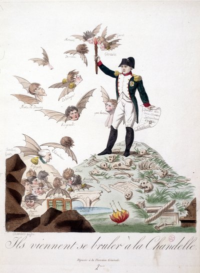 Caricature de Napoléon I représenté sur une colline couverte de squelettes et tenant une bougie qui brûle les ailes de personnages (Merlin de Douai, Regnault...) représentés en chauve-souris - dans Napoléon I, caricatures, collection factice. 1814 - 1815.  - Unknown artist