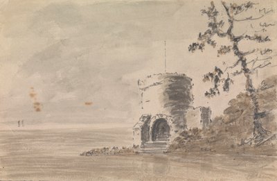 Ruin de château dans un paysage avec un lac - Unknown artist