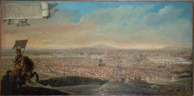 Vue cavalière de Paris, avec le portrait équestre du Chevalier des Essarts, circa 1645 - Unknown artist