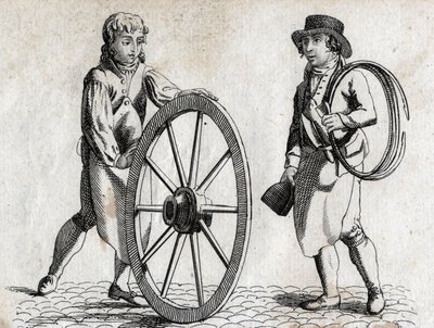 Charron avec roue de charrette et apprenti. Gravure fin XVIIIe siècle. - Unknown artist