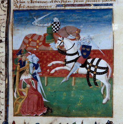 Tournoi chevaleresque entre Tristan et Palamède. Miniature tirée du manuscrit « Le roman de Tristan » - Unknown artist