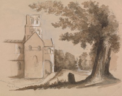 Église avec arbre et pierre tombale au premier plan - Unknown artist