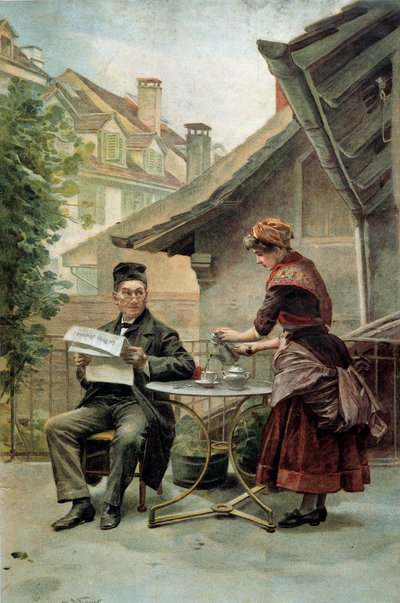 Heure du café : un vieil homme assis à une table et lisant le « Petit journal » est servi par un domestique - Unknown artist