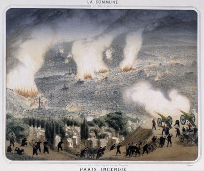 Commune de Paris : incendie de Paris. Les communards tirant des canons vers Paris. 1871. - Unknown artist