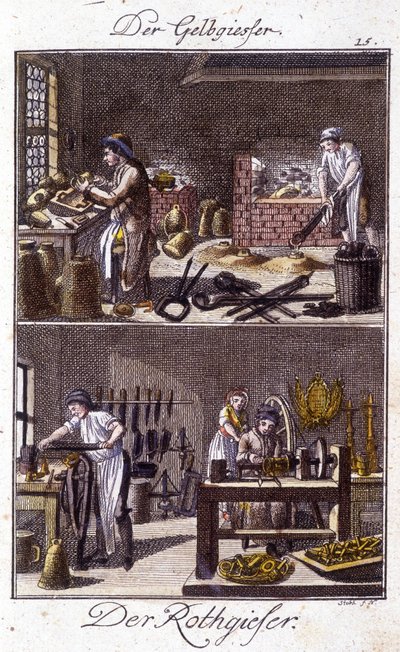 Artisanat : le fondeur de cuivre et le dinandier dans leurs ateliers. Dans « Description complète des arts et métiers et ateliers pour les jeunes » par Johan Peter Vire. Éd. Nuremberg, Weigel et Schneider - Unknown artist