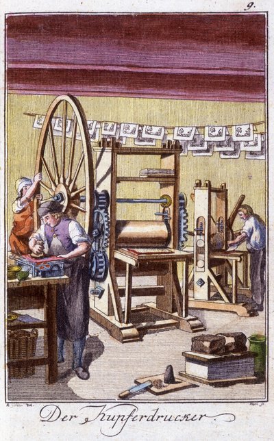 Métiers : le graveur sur cuivre dans son atelier. Dans « Description complète des arts et métiers et ateliers pour les jeunes » par Johan Peter Vire. Ed. Nuremberg, Weigel et Schneider - Unknown artist