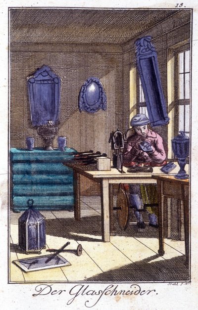 Artisanat : le cristallier dans son atelier. Dans « Description complète des arts et métiers et ateliers pour les jeunes » par Johan Peter Vue. Éd. Nuremberg, Weigel et Schneider - Unknown artist