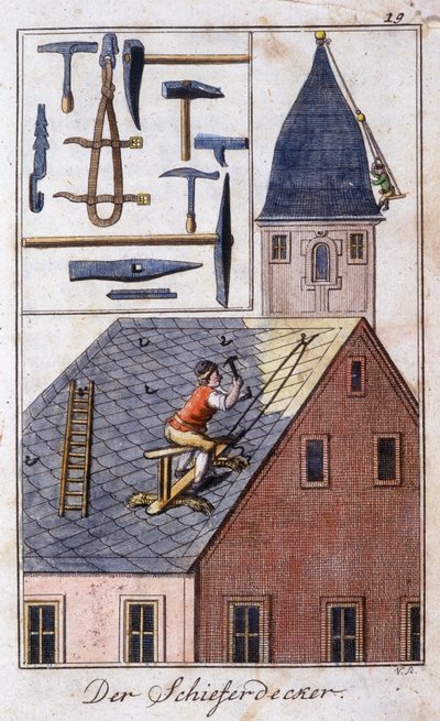 Artisanat : le couvreur en ardoise et ses outils de travail. Dans « Description complète des arts et métiers et ateliers pour les jeunes » par Johan Peter Vue. Éd. Nuremberg, Weigel et Schneider - Unknown artist