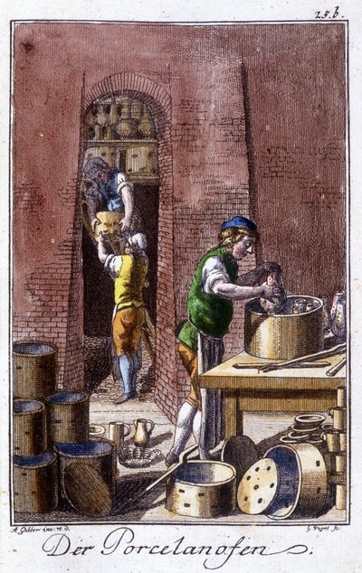 Artisanat : le porcelainier dans son atelier. Dans « Description complète des arts et métiers et ateliers pour les jeunes » par Johan Peter Vue. Éd. Nuremberg, Weigel et Schneider - Unknown artist