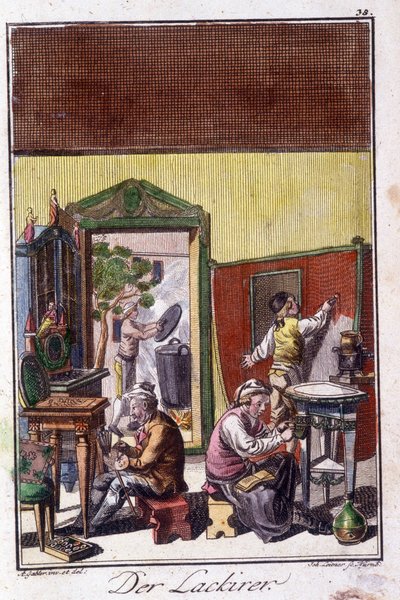 Artisanat : le vernisseur dans son atelier. Dans « Description complète des arts et métiers et ateliers pour les jeunes » de Johan Peter Vue. Ed. Nuremberg, Weigel et Schneider - Unknown artist