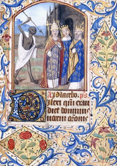 La Mort avec sa lance pointée sur trois figures, un pape, un roi et une reine, devant une église gothique, vers 1470 - Unknown artist
