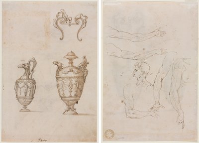 Conception pour deux vases et un ornement (recto); Esquisses de cinq bras et une tête (verso) - Unknown artist