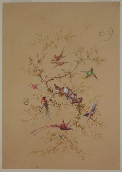 Design pour papier peint et textile : Fleurs et oiseaux - Unknown artist