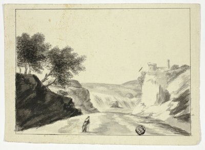 Figure drapée dans un paysage avec château sur une falaise - Unknown artist