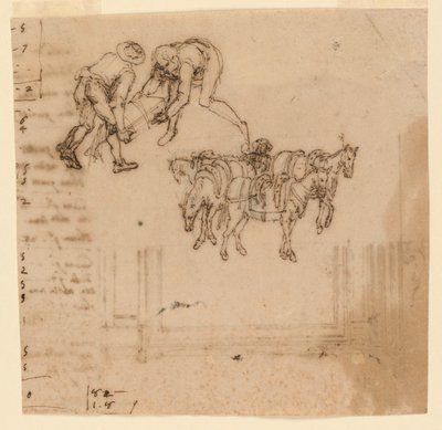 Dessin: A) Deux hommes portant un tronc; quatre mules avec un conducteur. B) Projet pour un cadre - Unknown artist